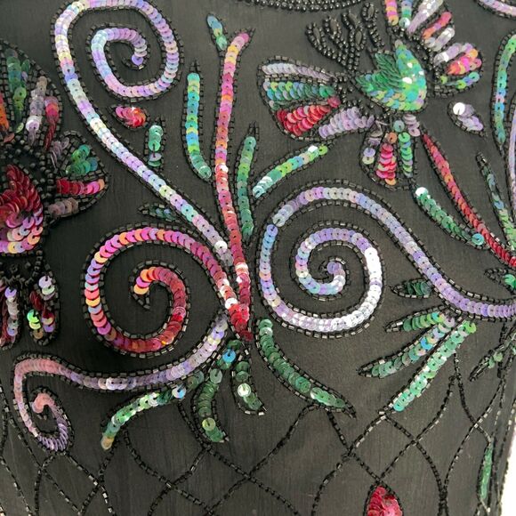 Vintage 90s Size Small Black Multicolor Sequin Cocktail Dress Silk Evening Party - Picture 5 of 7